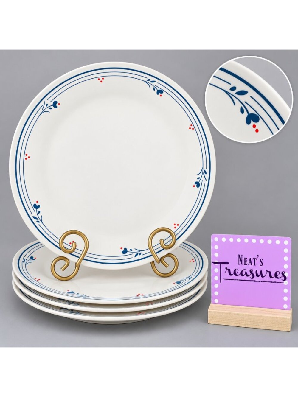 Corelle COUNTRY VIOLETS Blue Flowers Red Dot Sandstone Dinner Plates Set of Four